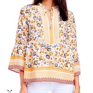 FEVER Floral Bell Sleeved Peplum Blouse With Tie Neck SIZE LARGE.